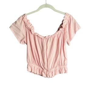Lottie Moss Pink and White Gingham Print Off Shoulder Top White Bow Size Medium